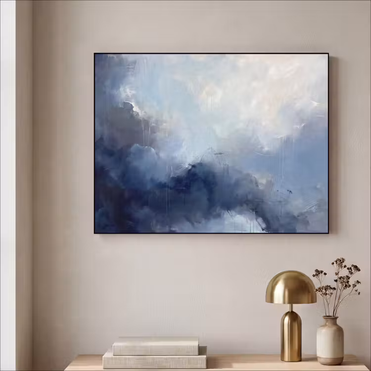 Abstract - Wolken - Modern - Blauw - Kunst Textielframe zwart klein -sfeer2