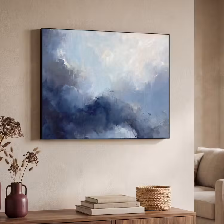 Abstract - Wolken - Modern - Blauw - Kunst Textielframe zwart klein -sfeer3