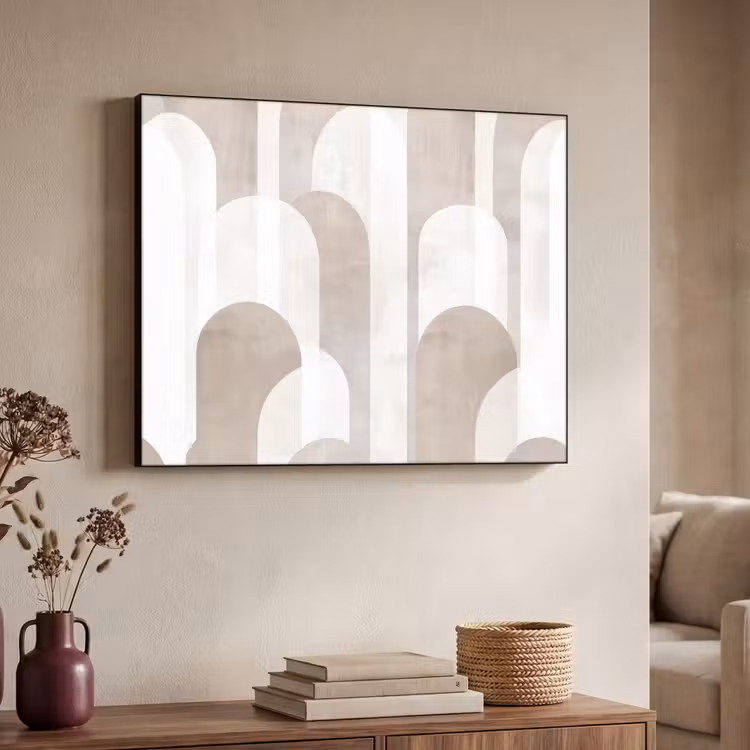 Abstracte bogen - Modern - Beige Textielframe - compleet frame klein -sfeer3