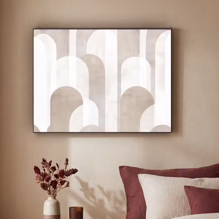 Abstracte bogen - Modern - Beige Textielframe zwart klein -sfeer1