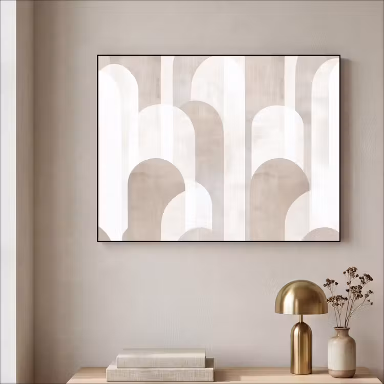 Abstracte bogen - Modern - Beige Textielframe - compleet frame klein -sfeer2