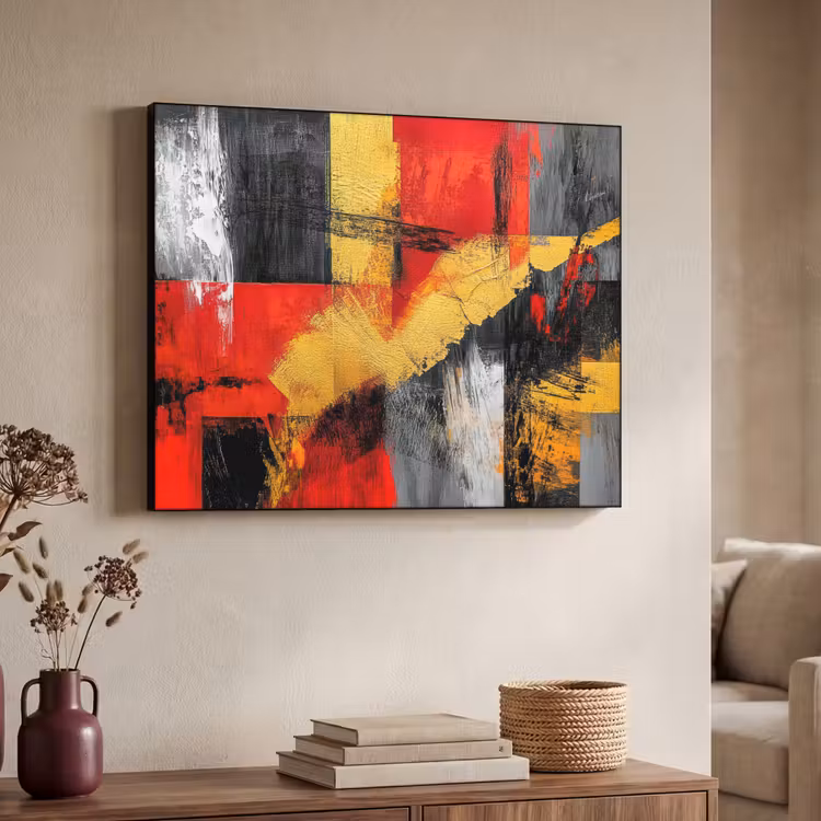 Abstracte kunst - Goud - Zwart Textielframe zwart klein -sfeer3
