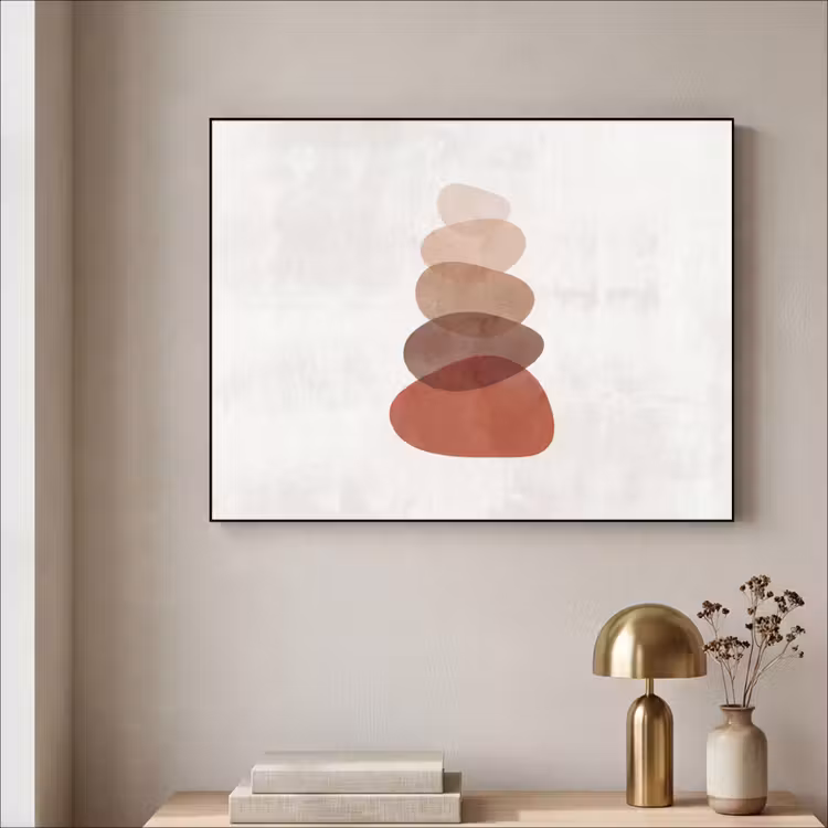 Abstractie - Gestapeld - Balans - Modern - Aardetinten Textielframe zwart klein -sfeer2