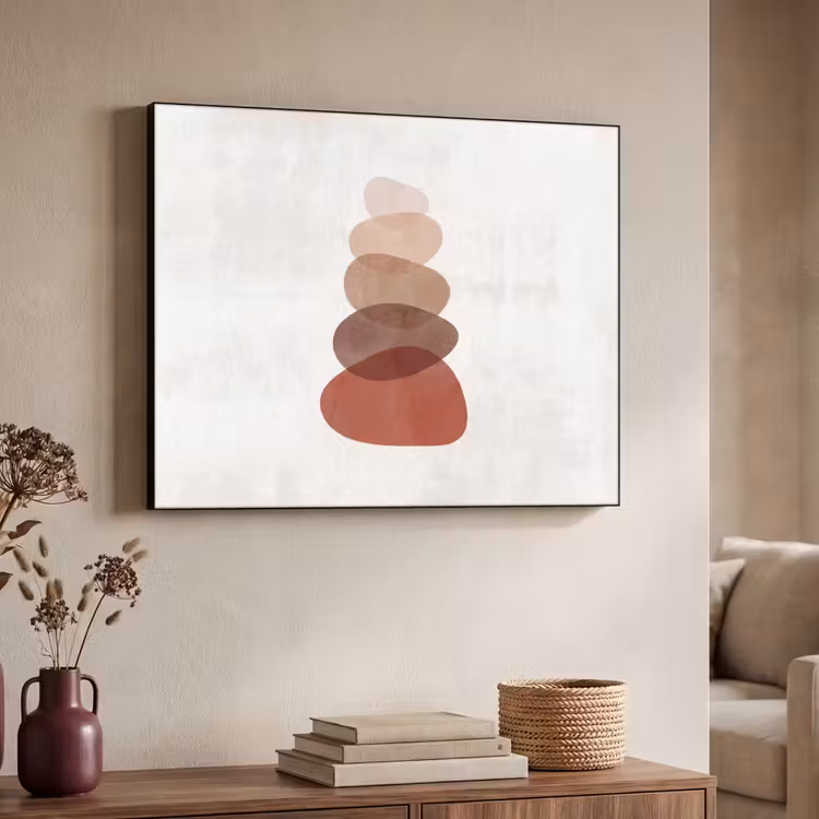 Abstractie - Gestapeld - Balans - Modern - Aardetinten Textielframe zwart klein -sfeer3