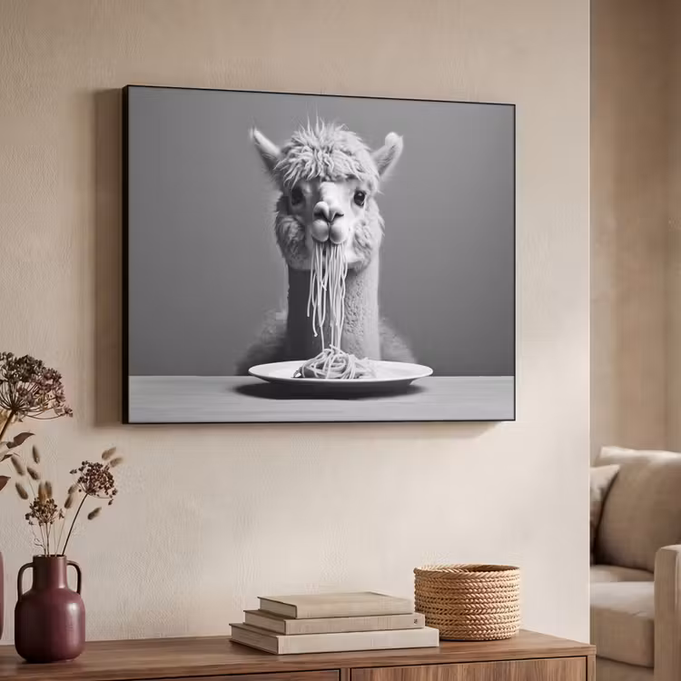 Alpaca - Pasta - Zwart - Wit - Grappig - Dieren Textielframe - compleet frame klein -sfeer3