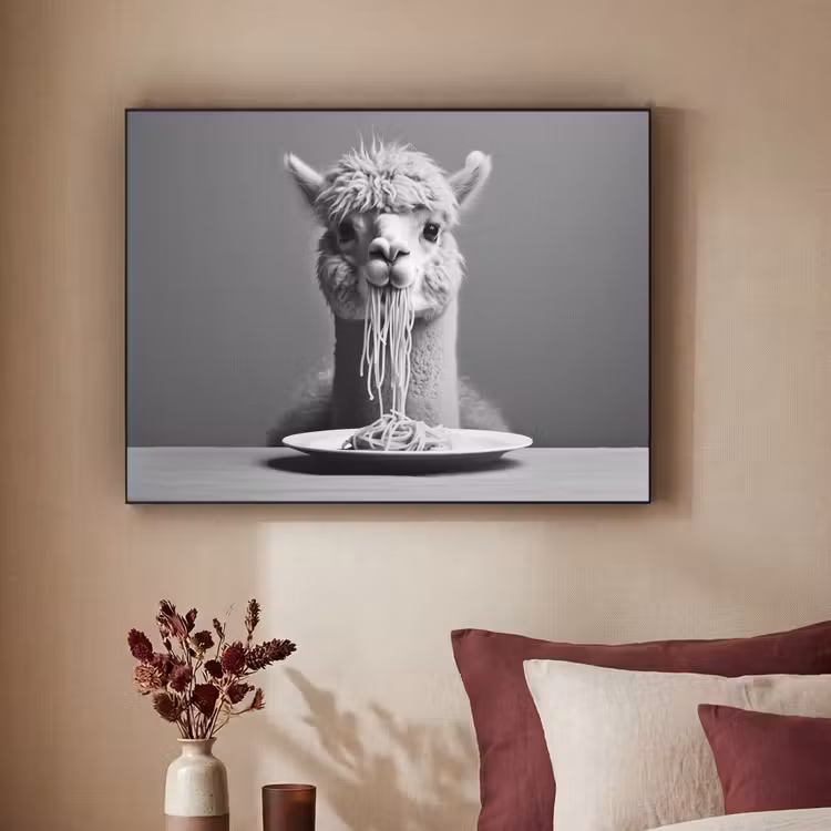 Alpaca - Pasta - Zwart - Wit - Grappig - Dieren Textielframe zwart klein -sfeer1
