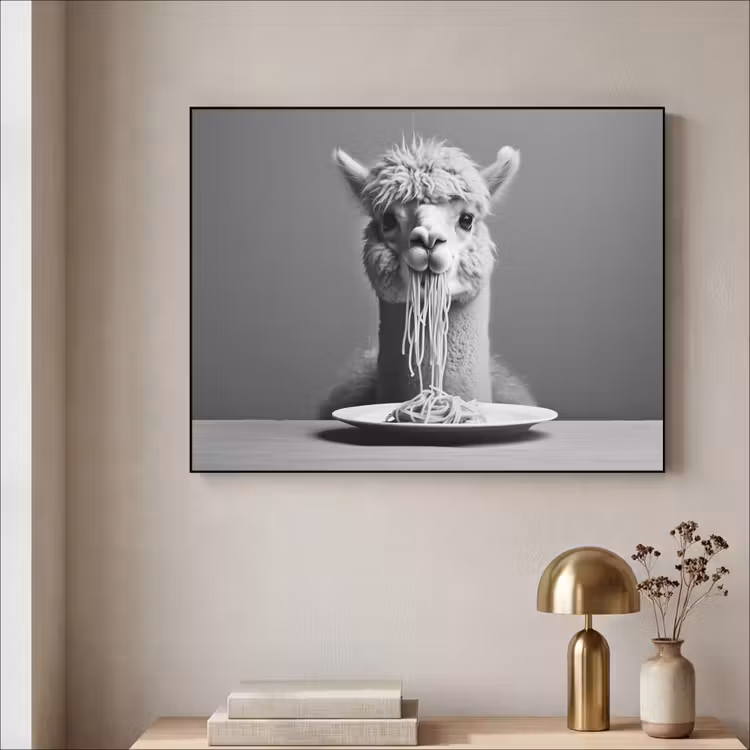 Alpaca - Pasta - Zwart - Wit - Grappig - Dieren Textielframe - compleet frame klein -sfeer2
