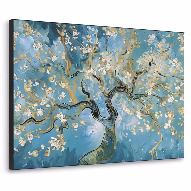 Amandelbloesem boom - Blauw - Abstract Textielframe - compleet frame klein -3d