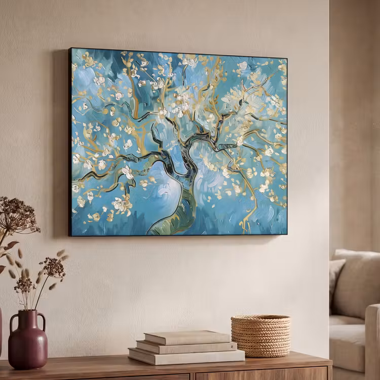 Amandelbloesem boom - Blauw - Abstract Textielframe - compleet frame klein -sfeer3