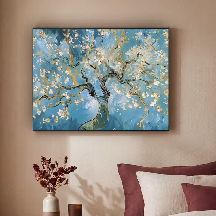 Amandelbloesem boom - Blauw - Abstract Textielframe - compleet frame klein -sfeer1