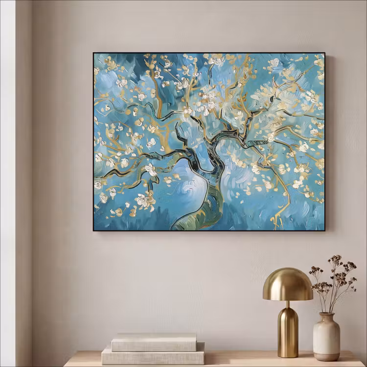Amandelbloesem boom - Blauw - Abstract Textielframe - compleet frame klein -sfeer2