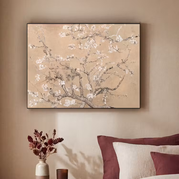 Amandelbloesem - Kunst - Van Gogh - Beige Textielframe zwart klein -sfeer1