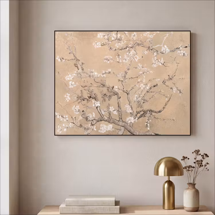 Amandelbloesem - Kunst - Van Gogh - Beige Textielframe zwart klein -sfeer2