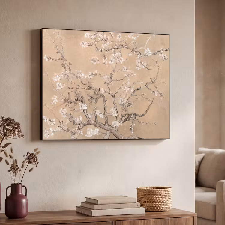 Amandelbloesem - Kunst - Van Gogh - Beige Textielframe zwart klein -sfeer3