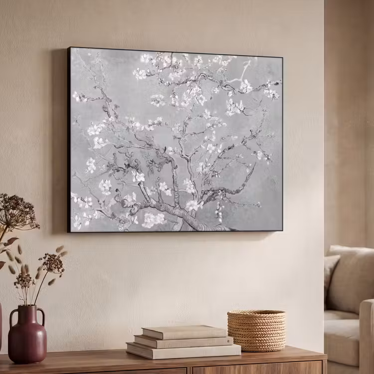 Amandelbloesem - Kunst - Van Gogh - Grijs Textielframe zwart klein -sfeer3