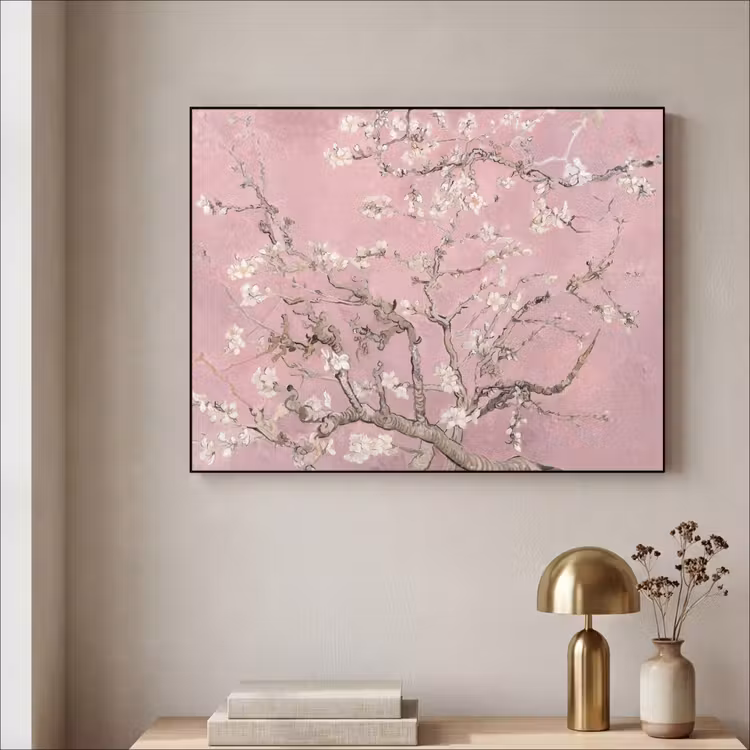 Amandelbloesem - Kunst - Van Gogh - Roze Textielframe zwart klein -sfeer2