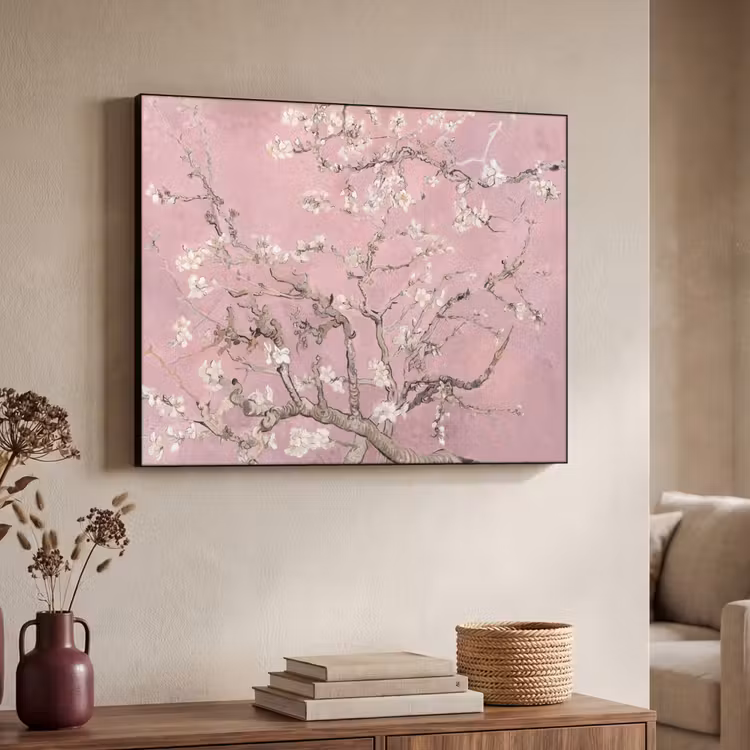 Amandelbloesem - Kunst - Van Gogh - Roze Textielframe zwart klein -sfeer3