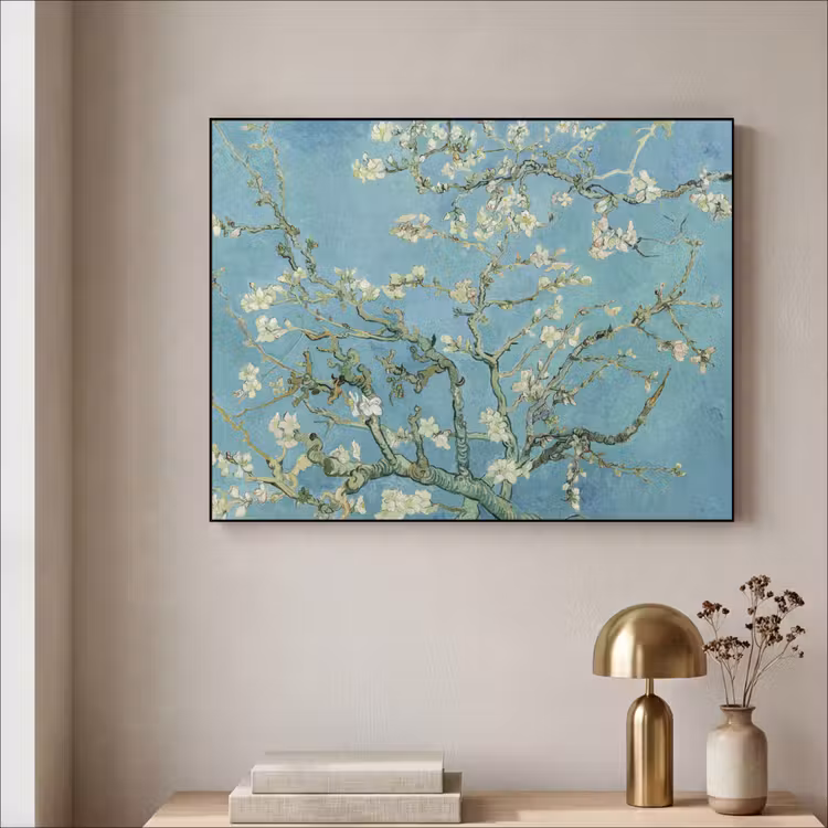 Amandelbloesem - Van Gogh - Kunst - Bloemen Textielframe zwart klein -sfeer2