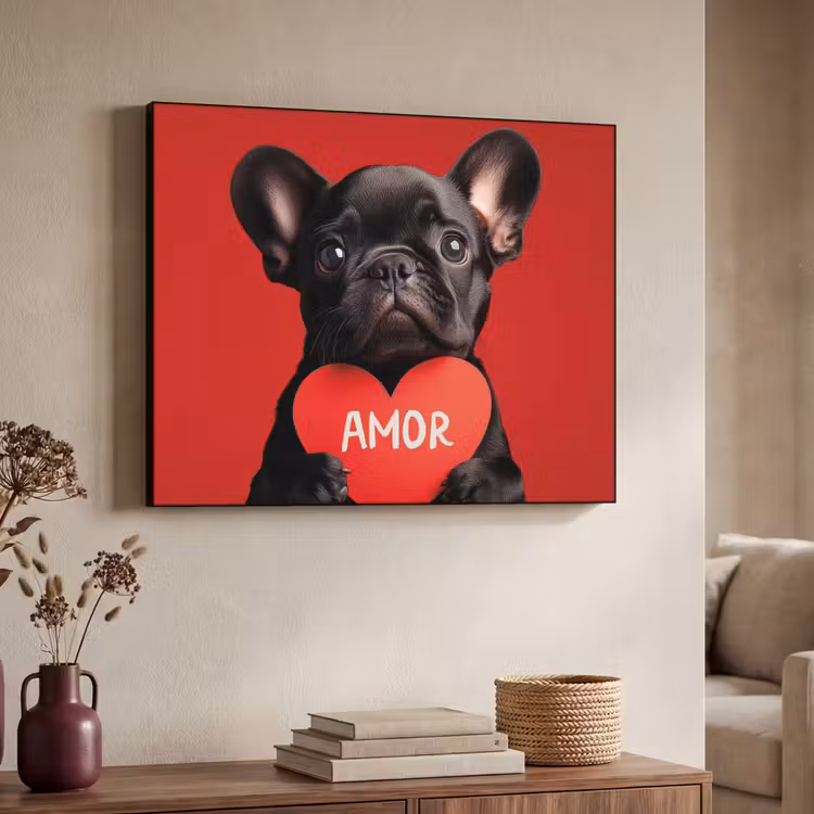 Amor - Hond - Hartje - Rood Textielframe zwart klein -sfeer3