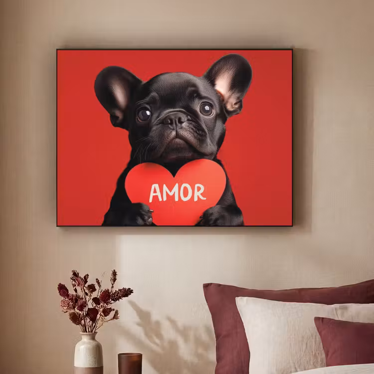 Amor - Hond - Hartje - Rood Textielframe zwart klein -sfeer1