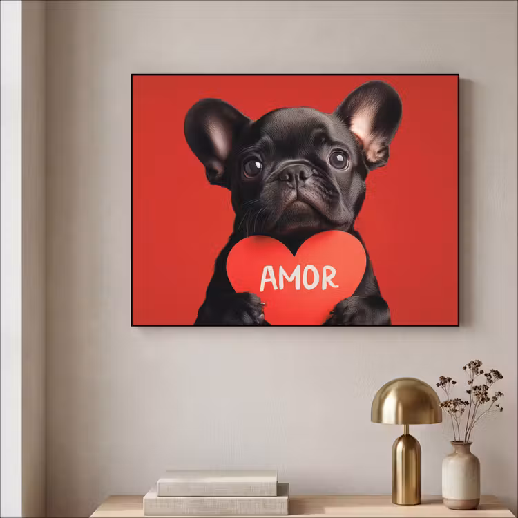 Amor - Hond - Hartje - Rood Textielframe zwart klein -sfeer2