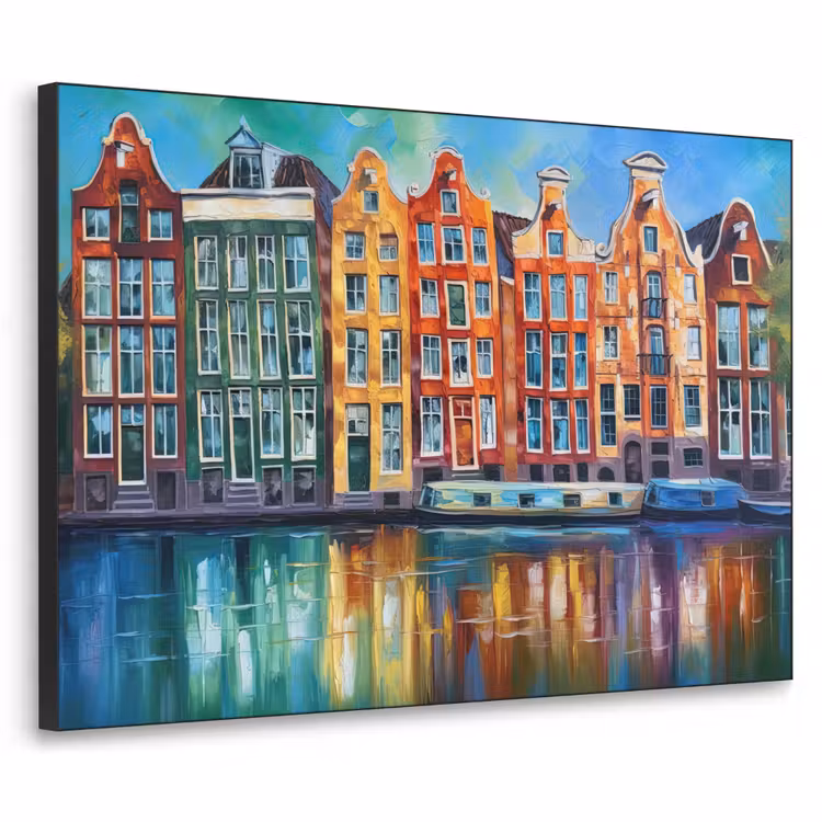 Amsterdam - Olieverf - Gracht - Schilderij - Kunst Textielframe zwart klein -3d
