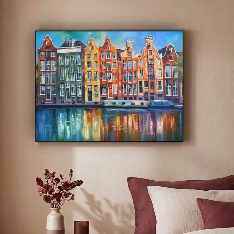 Amsterdam - Olieverf - Gracht - Schilderij - Kunst Textielframe zwart klein -sfeer1