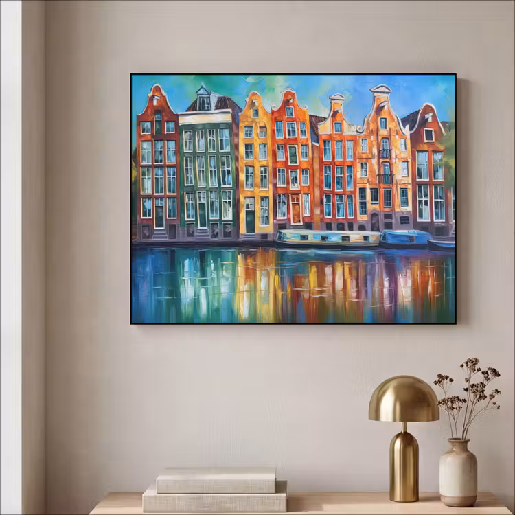 Amsterdam - Olieverf - Gracht - Schilderij - Kunst Textielframe zwart klein -sfeer2