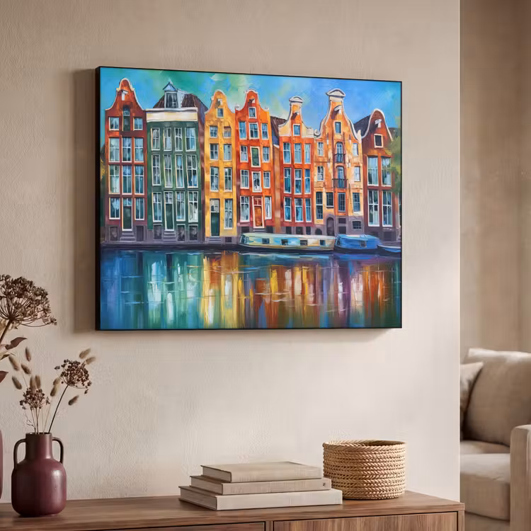 Amsterdam - Olieverf - Gracht - Schilderij - Kunst Textielframe zwart klein -sfeer3