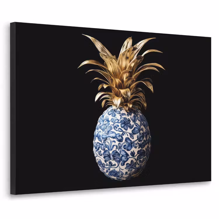 Ananas - Bloemen patroon - Goud - Delftsblauw Textielframe - compleet frame klein -3d