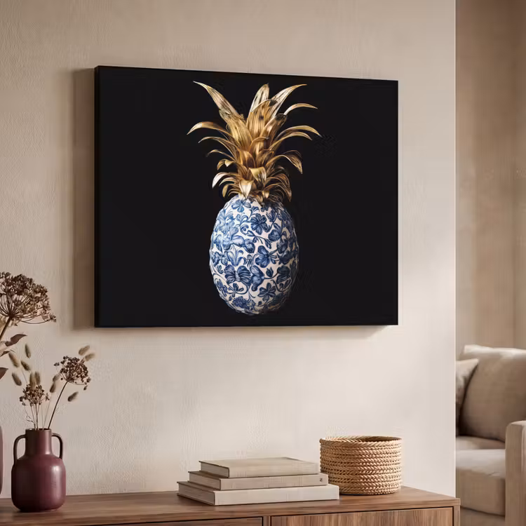 Ananas - Bloemen patroon - Goud - Delftsblauw Textielframe zwart klein -sfeer3