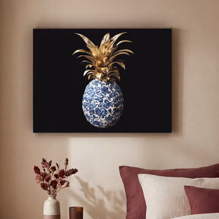 Ananas - Bloemen patroon - Goud - Delftsblauw Textielframe - compleet frame klein -sfeer1