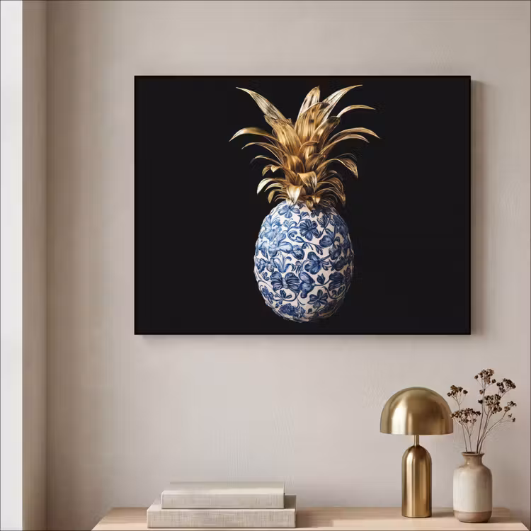 Ananas - Bloemen patroon - Goud - Delftsblauw Textielframe - compleet frame klein -sfeer2
