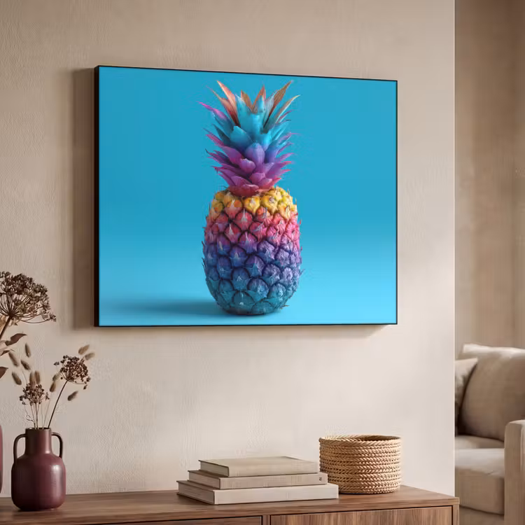 Ananas - Regenboog - Blauw - Popart Textielframe - compleet frame klein -sfeer3
