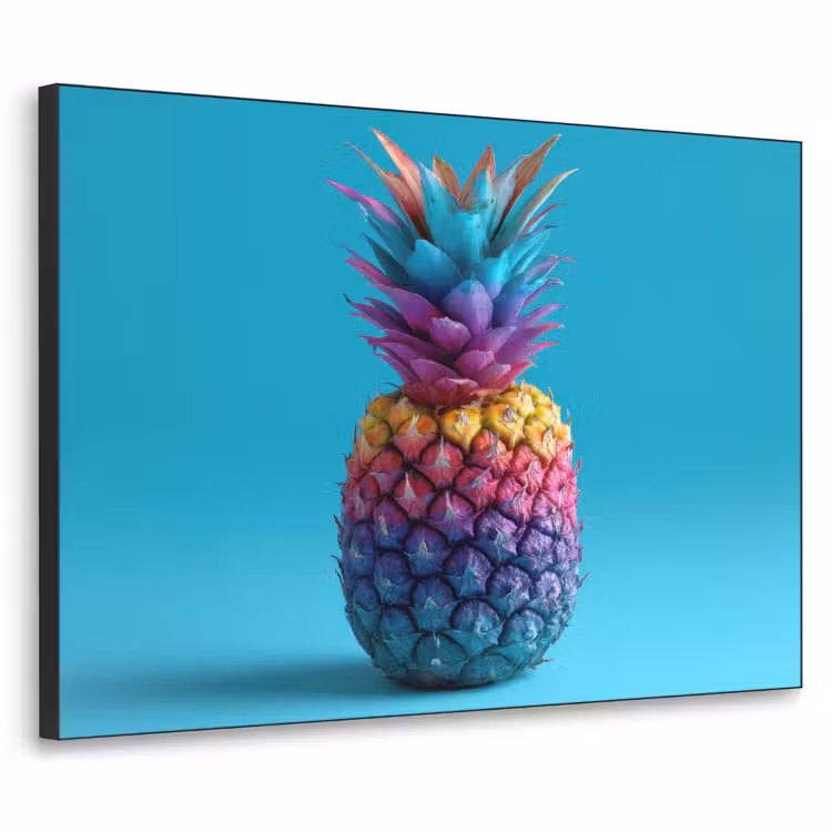 Ananas - Regenboog - Blauw - Popart Textielframe zwart klein -3d