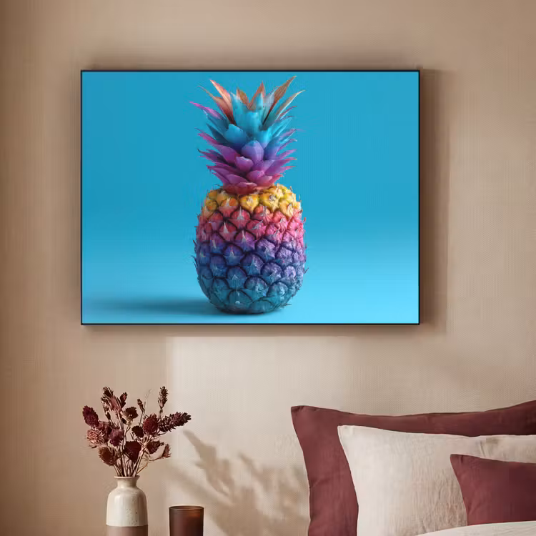 Ananas - Regenboog - Blauw - Popart Textielframe zwart klein -sfeer1