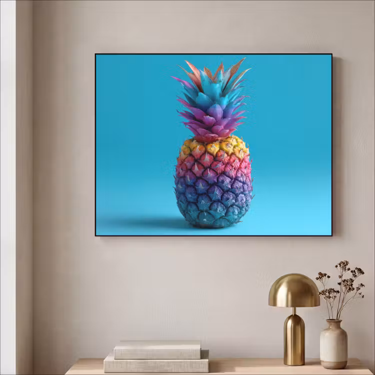 Ananas - Regenboog - Blauw - Popart Textielframe zwart klein -sfeer2