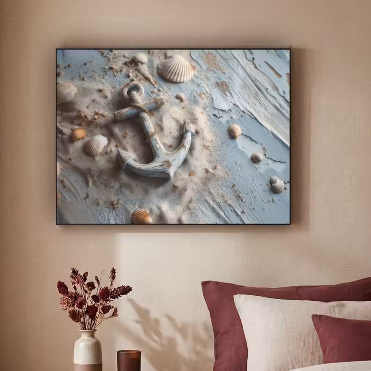 Anker - Hout - Schelpen - Zand Textielframe zwart klein -sfeer1