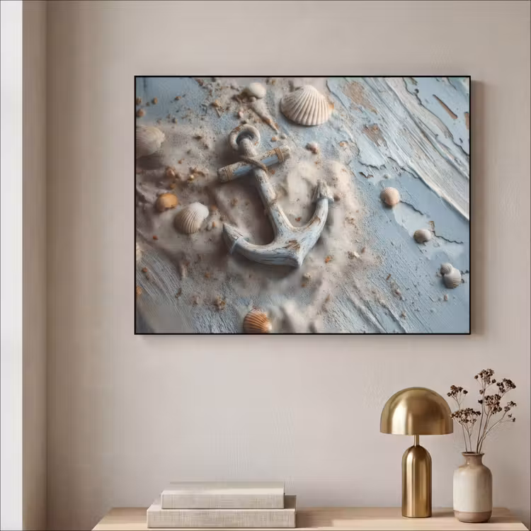 Anker - Hout - Schelpen - Zand Textielframe zwart klein -sfeer2