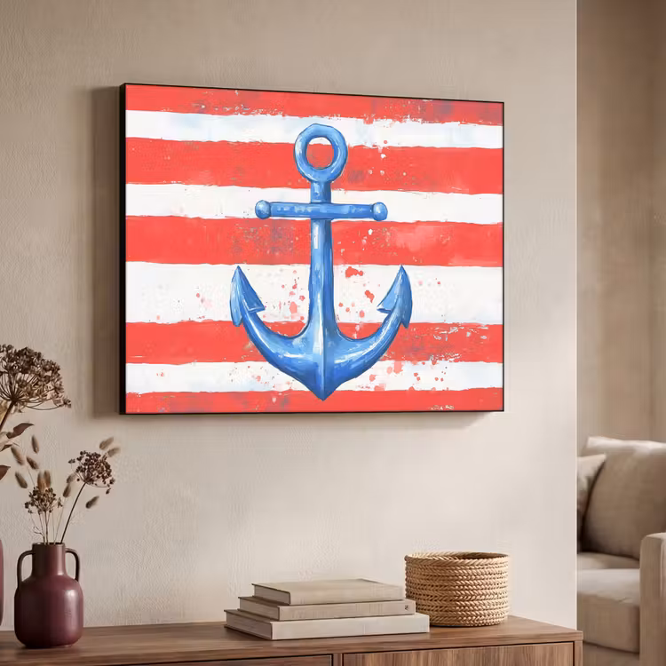 Anker - Verfspatten - Rood - Blauw Textielframe - compleet frame klein -sfeer3