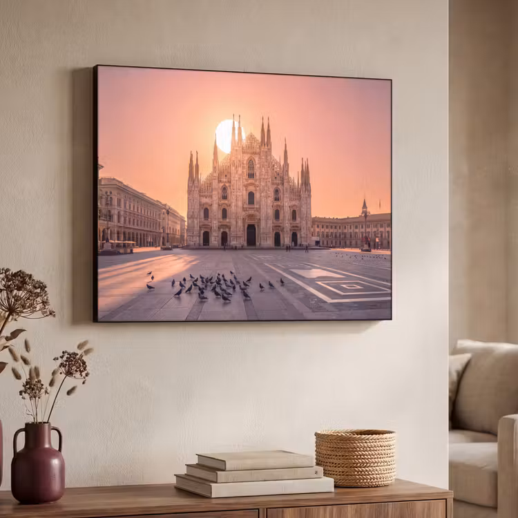 Architectuur - Milaan - Plein - Zonsopgang - Oranje Textielframe zwart klein -sfeer3