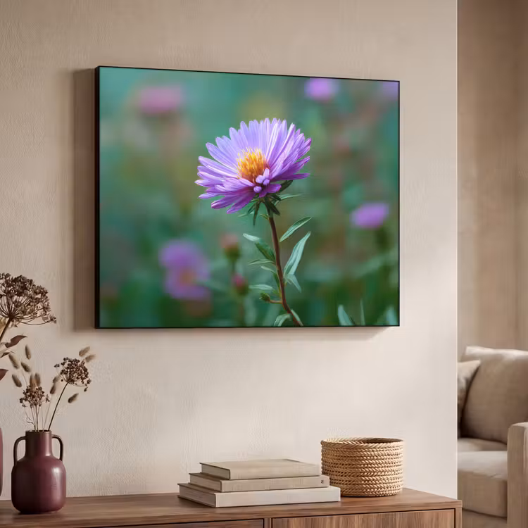 Aster - Paars - Bloem - Blaadjes Textielframe zwart klein -sfeer3