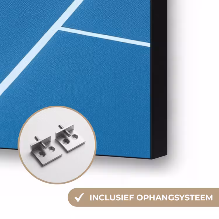 Atletiekbaan - Blauw - Tekst -Roze Textielframe zwart klein -USP_ophangsysteemNL