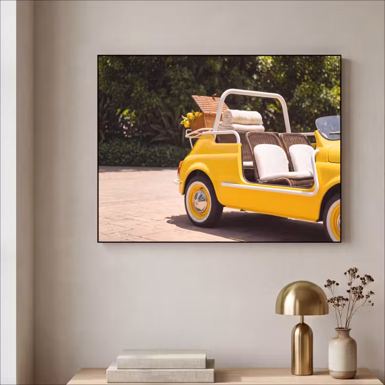 Auto - Picknick - Zomer - Geel Textielframe zwart klein -sfeer2