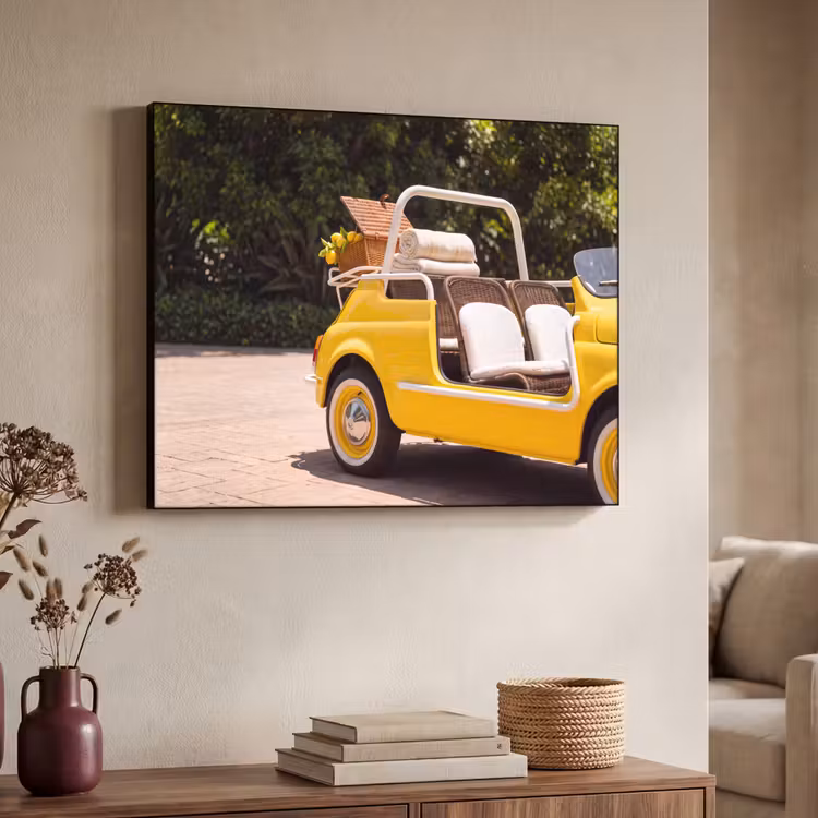Auto - Picknick - Zomer - Geel Textielframe zwart klein -sfeer3