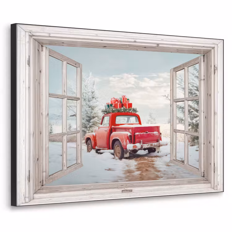 Auto - Rood - Cadeaus - Winter - Kerst - Doorkijk - Wit Textielframe - compleet frame klein -3d