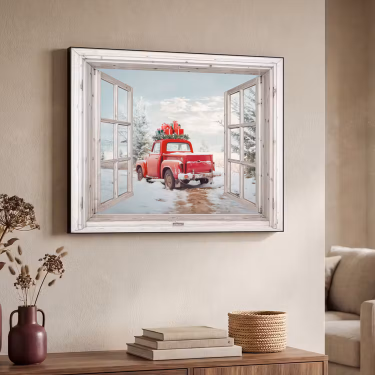 Auto - Rood - Cadeaus - Winter - Kerst - Doorkijk - Wit Textielframe zwart klein -sfeer3