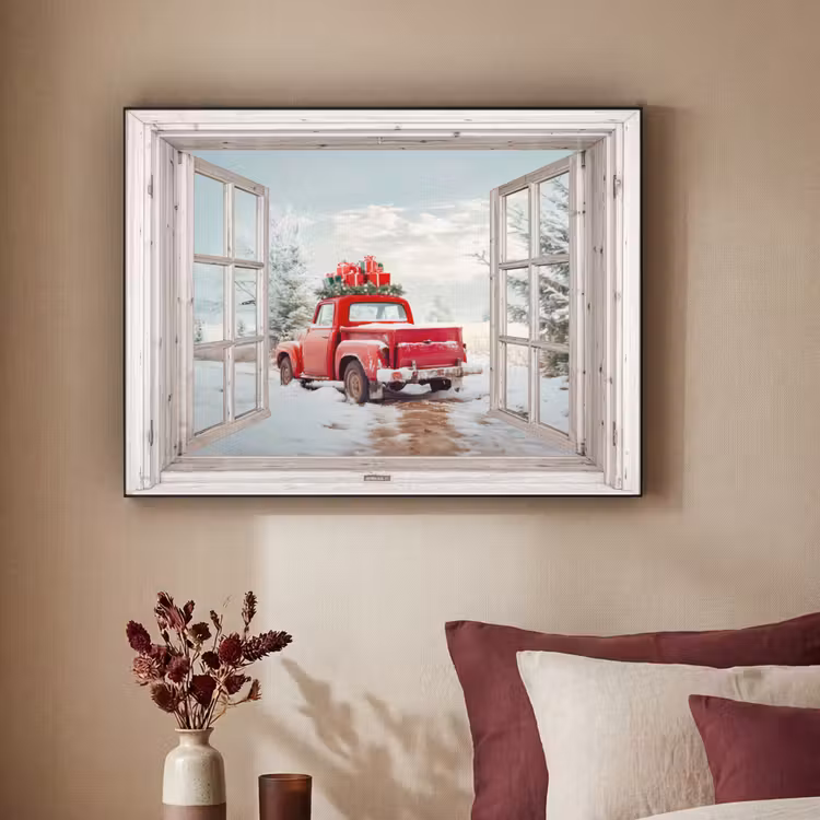 Auto - Rood - Cadeaus - Winter - Kerst - Doorkijk - Wit Textielframe - compleet frame klein -sfeer1