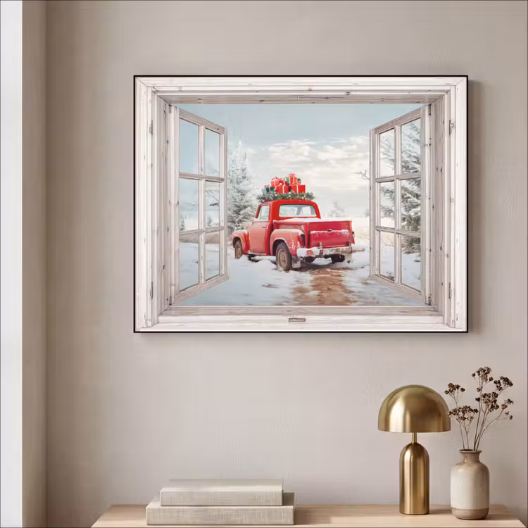 Auto - Rood - Cadeaus - Winter - Kerst - Doorkijk - Wit Textielframe zwart klein -sfeer2