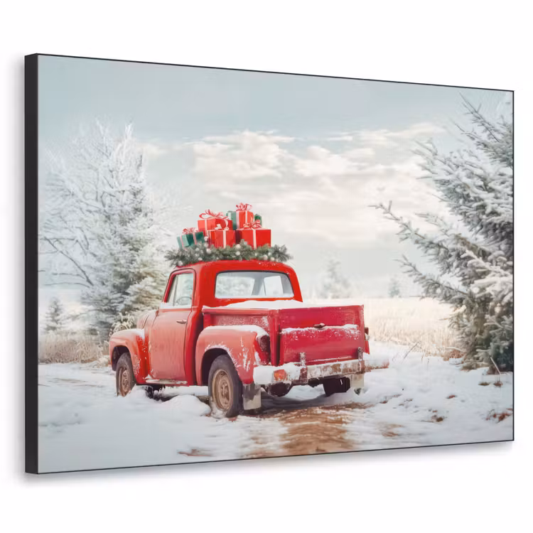 Auto - Rood - Cadeaus - Winter - Sneeuw - Kerst Textielframe - compleet frame klein -3d